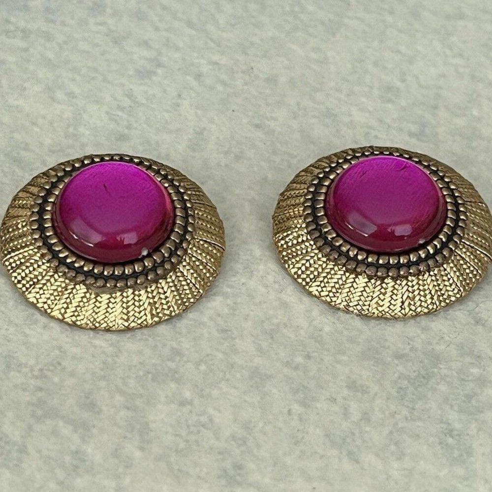 E8 Amazing Large Gold Plated Circular Clip Earrings W/ Raspberry Acrylic Centers